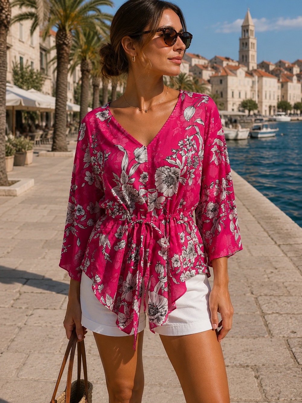 Nine West Pink and White Smocked Floral Blouse 🍓